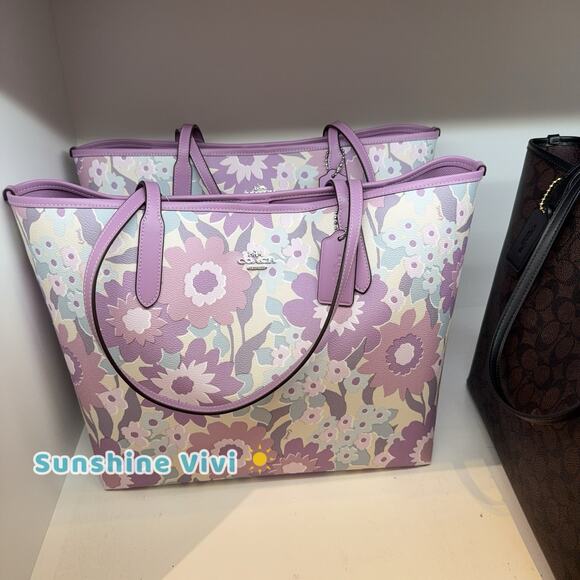 NWT COACH City Tote Bag With Floral Print CBG78 Ivory/Purple Multi